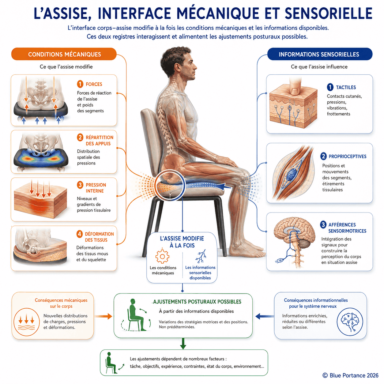 Corps assis sur un support qui organise simultanément les forces, les appuis et les informations sensorielles.