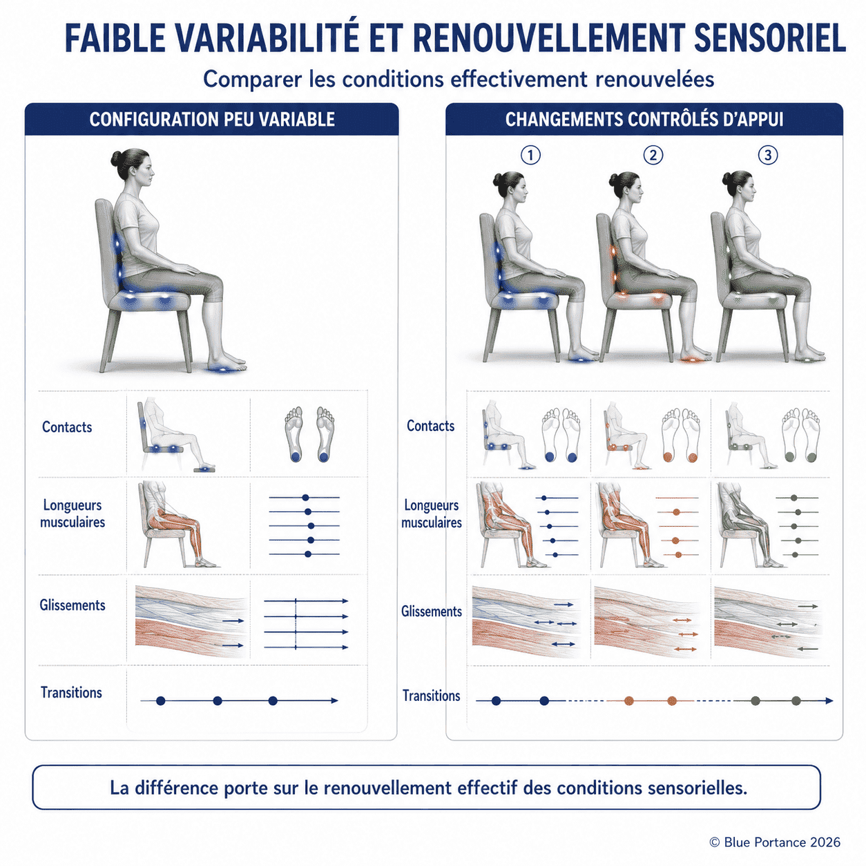 Comparaison entre une configuration assise peu variable et des changements contrôlés d'appui modifiant contacts, longueurs musculaires, glissements et transitions.