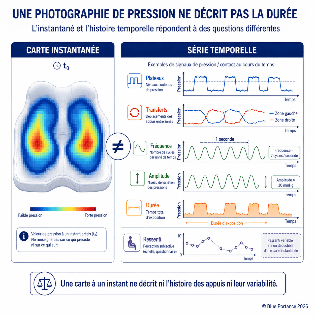 Carte de pression instantanée comparée à des séries temporelles d'appuis montrant plateaux, transferts, fréquence, amplitude et durée.