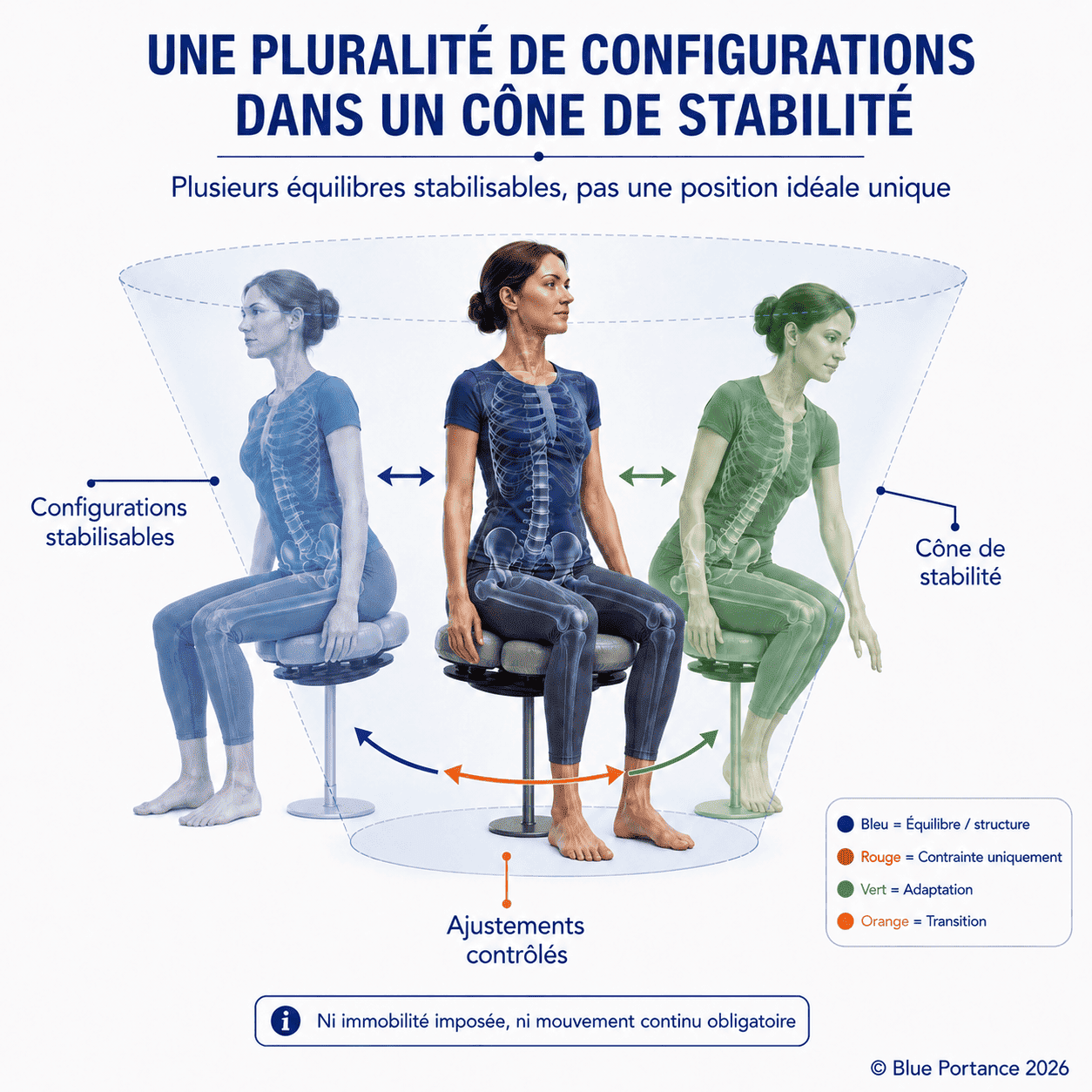 Plusieurs configurations assises stabilisables sont reliées par des ajustements possibles à l'intérieur d'un cône de stabilité.