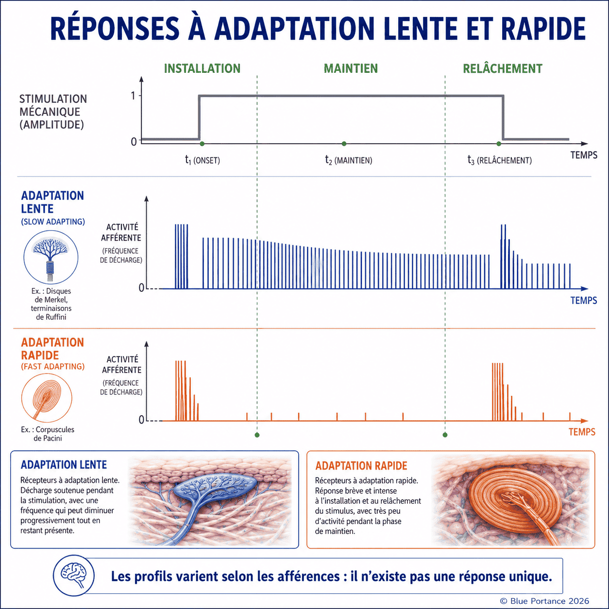 Courbes temporelles comparant des réponses afférentes persistantes et transitoires au début, pendant et à la fin d'une stimulation maintenue.