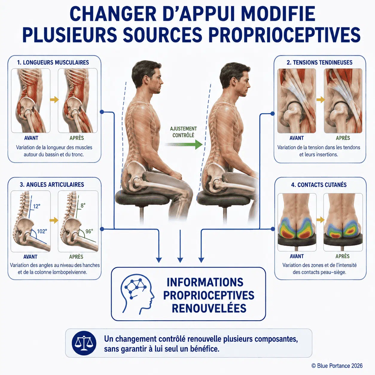 Déplacement du bassin modifiant simultanément longueurs musculaires, tensions tendineuses, angles articulaires et contacts cutanés.