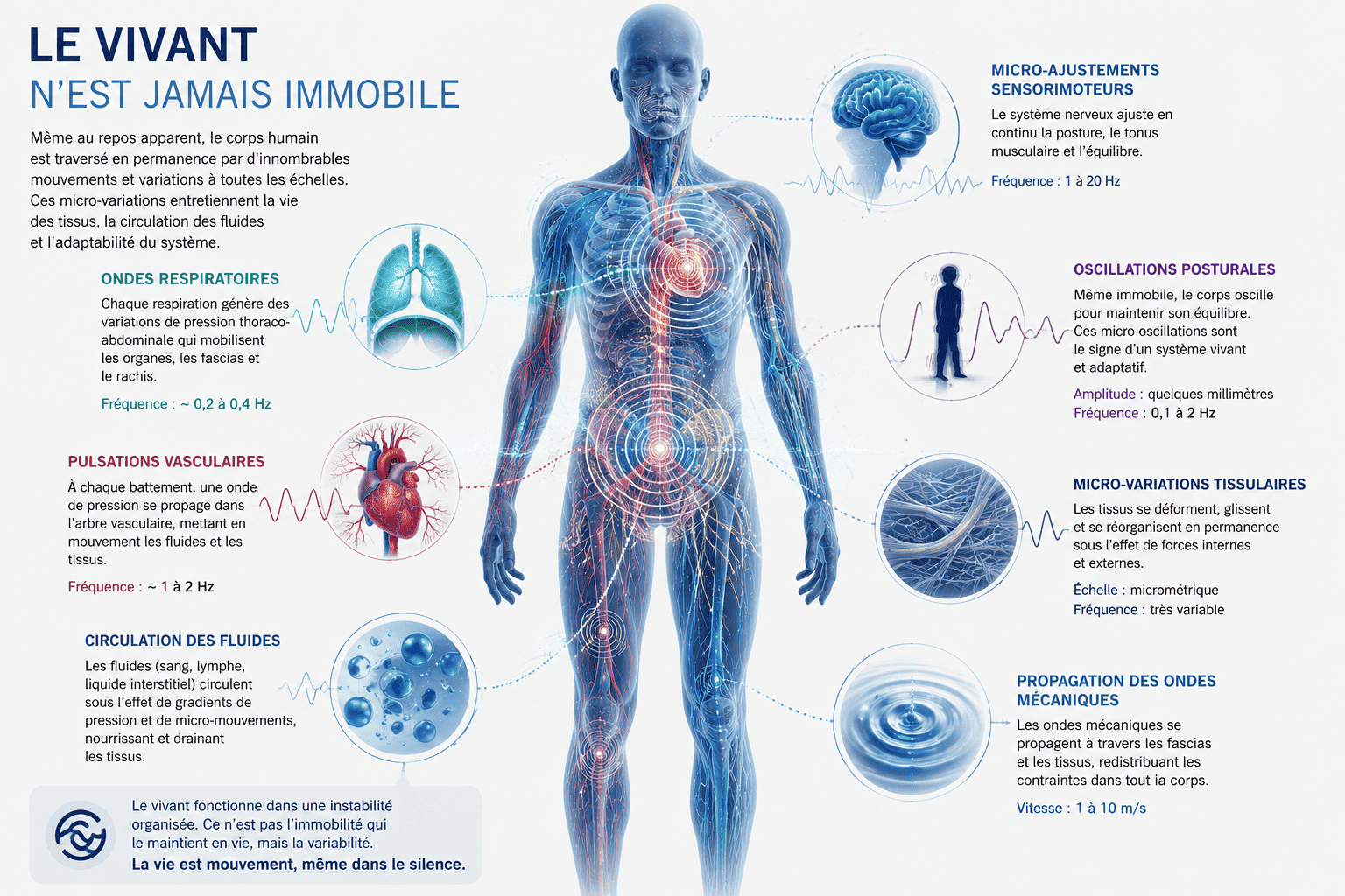 Infographie biomécanique illustrant les micro-mouvements permanents du corps humain, la propagation des variations mécaniques et l’adaptabilité des tissus vivants.
