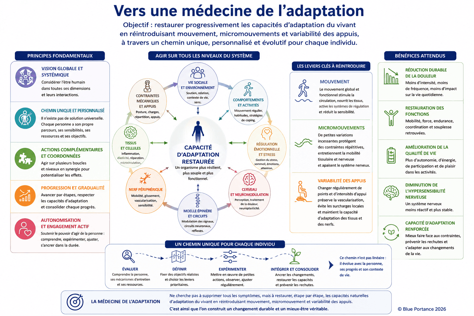 Schéma présentant les principes d'une médecine de l'adaptation fondée sur la restauration progressive des capacités d'adaptation du vivant grâce au mouvement, aux micromouvements, à la variabilité des appuis et à une prise en charge personnalisée.