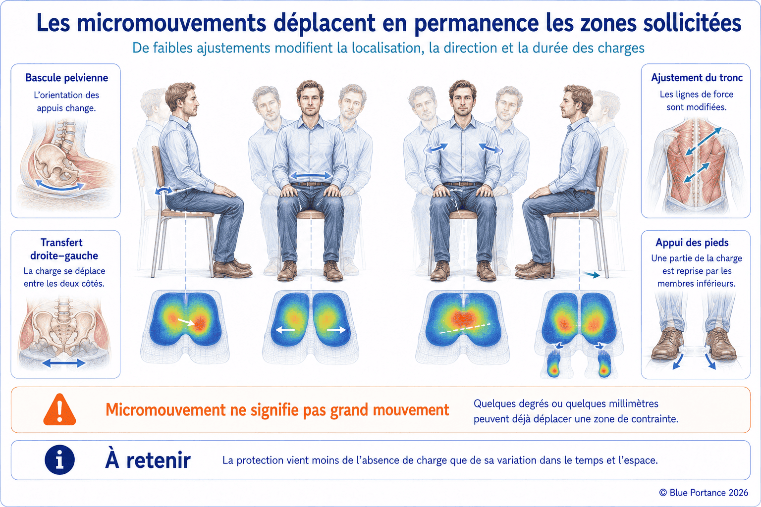 Bascule pelvienne, transfert droite-gauche, ajustement du tronc et appui des pieds modifiant les zones de pression en position assise
