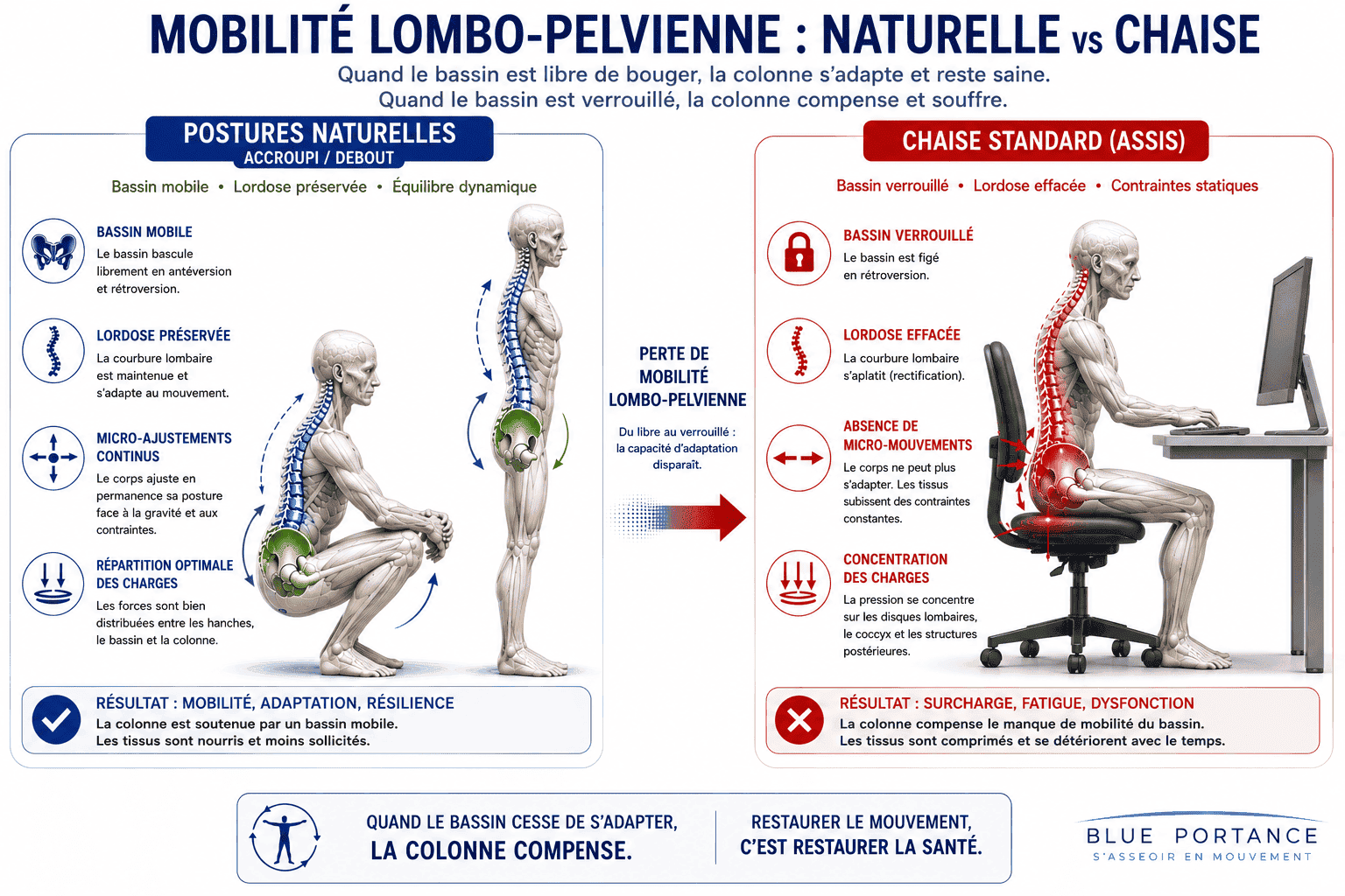 Mobilité lombo-pelvienne : comparaison postures naturelles et position assise sur chaise - Blue Portance
