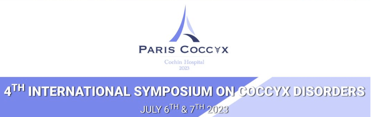 Banner des 4. Internationalen Symposiums zu Erkrankungen des Steißbeins, Paris Coccyx 2023, Hôpital Cochin, 6. und 7. Juli 2023