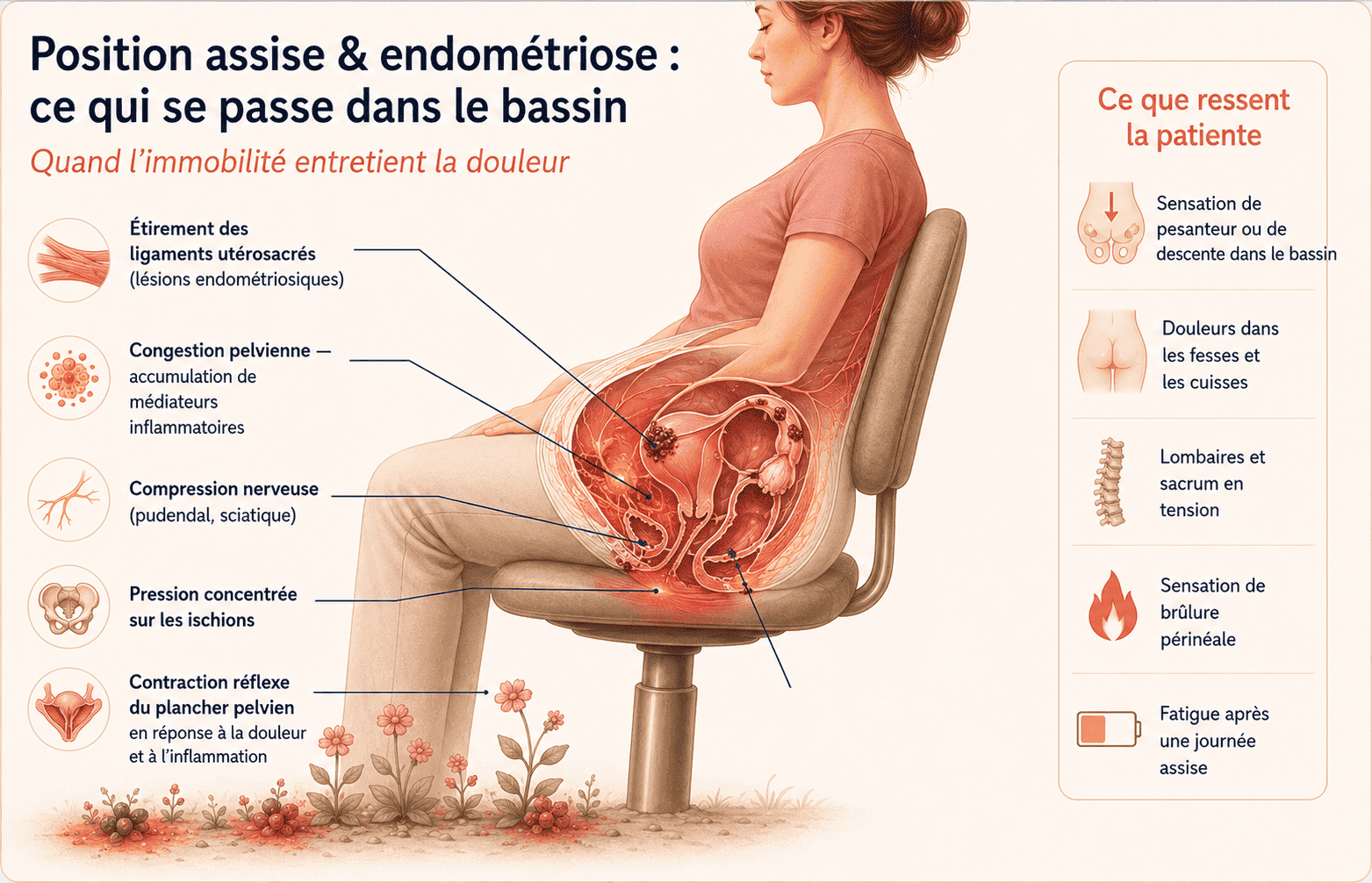 Position assise et endométriose : compression nerveuse, congestion pelvienne, tension des ligaments utéro-sacrés