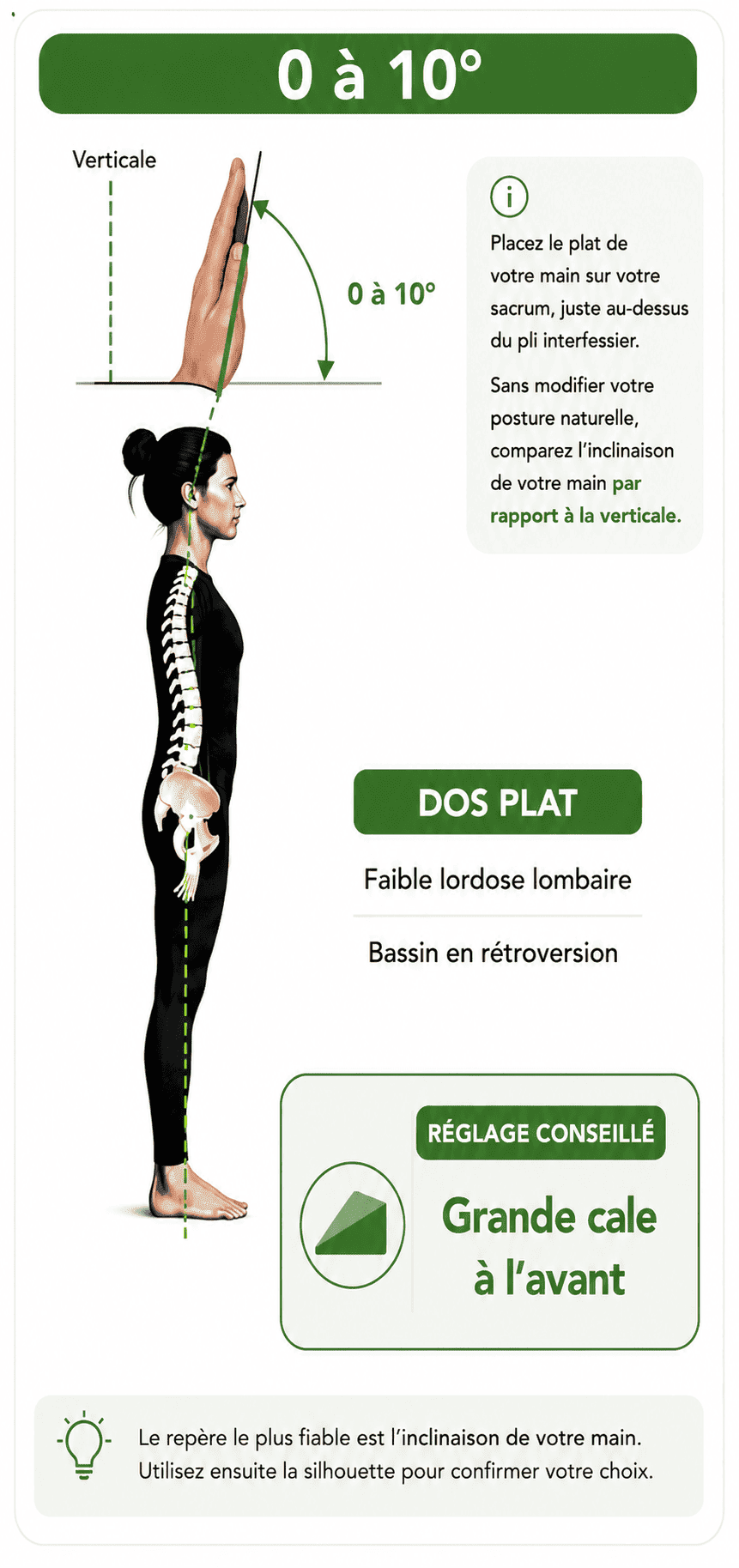 Profil naturel d’équilibre dos plat, inclinaison du sacrum de 0 à 10 degrés
