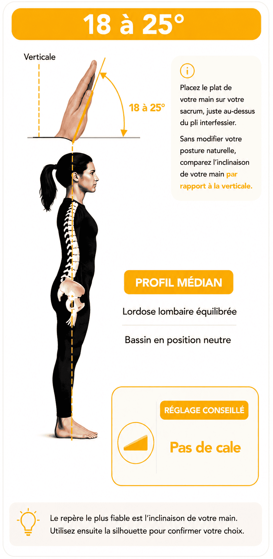 Profil naturel d’équilibre médian, inclinaison du sacrum de 18 à 25 degrés