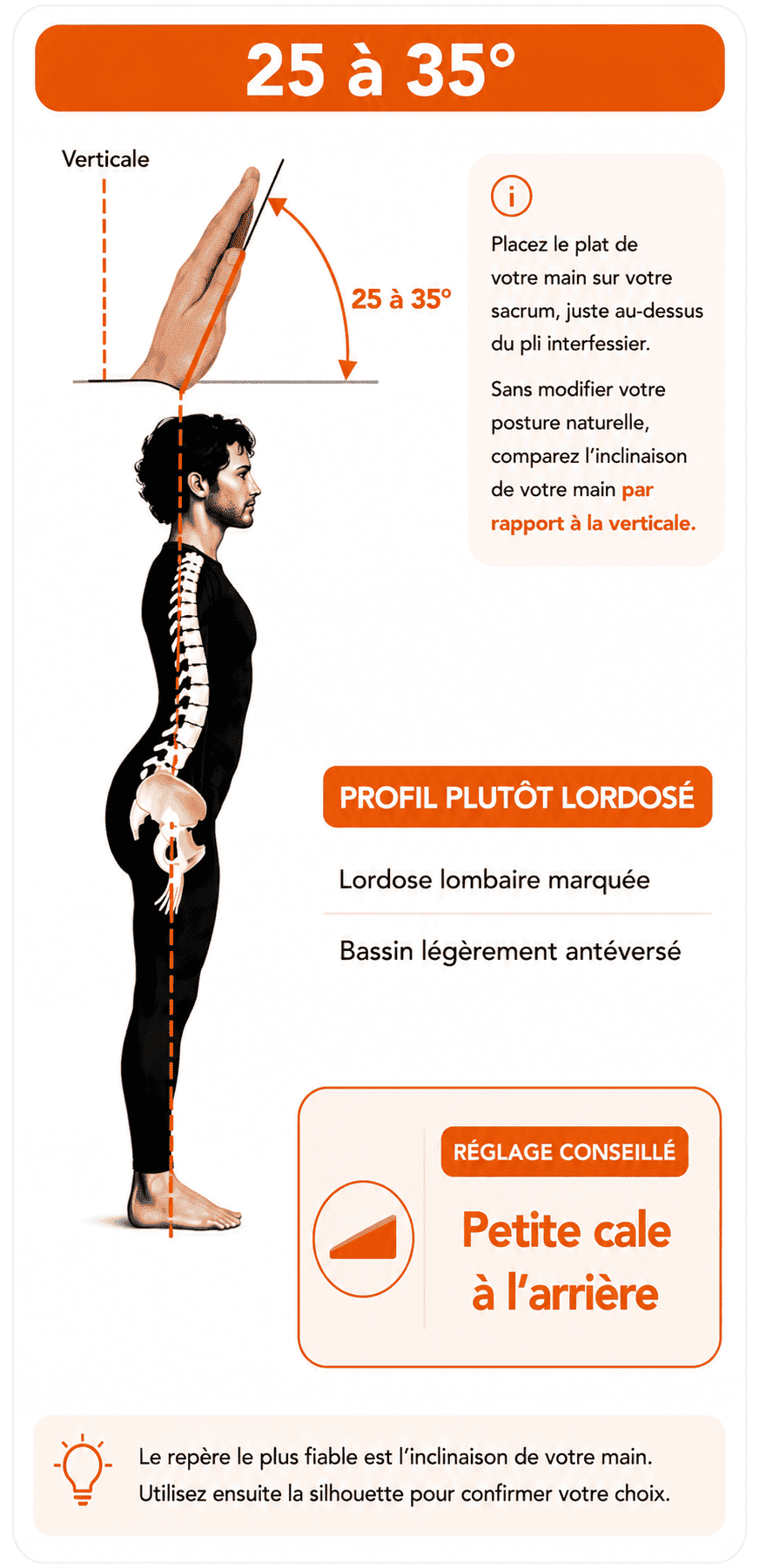 Profil naturel d’équilibre plutôt lordosé, inclinaison du sacrum de 25 à 35 degrés