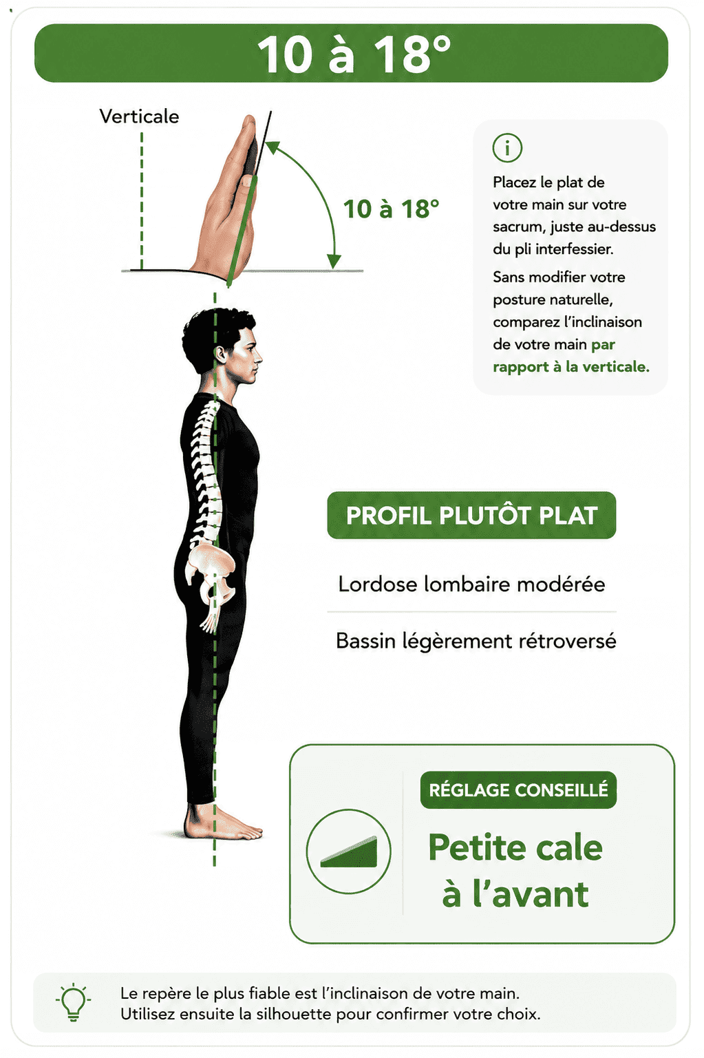 Profil naturel d’équilibre plutôt plat, inclinaison du sacrum de 10 à 18 degrés