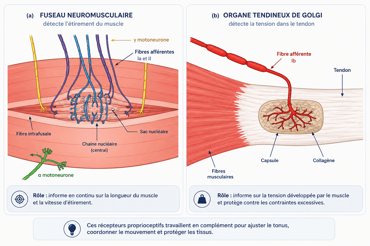 Illustration scientifique pédagogique représentant deux récepteurs proprioceptifs majeurs : à gauche, le fuseau neuromusculaire, situé dans les fibres musculaires, qui détecte la longueur du muscle et ses variations d'étirement ; à droite, l'organe tendineux de Golgi, situé à la jonction muscle-tendon, qui détecte les tensions mécaniques transmises au tendon. © Blue Portance