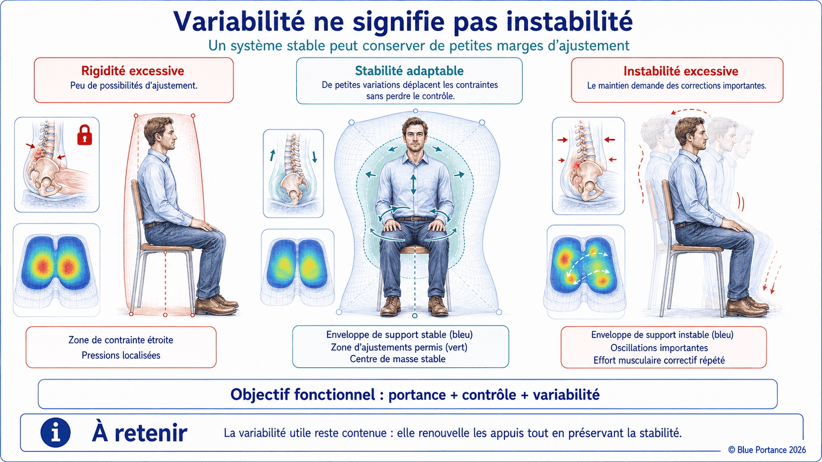 Comparaison entre rigidité excessive, stabilité adaptable et instabilité excessive en position assise